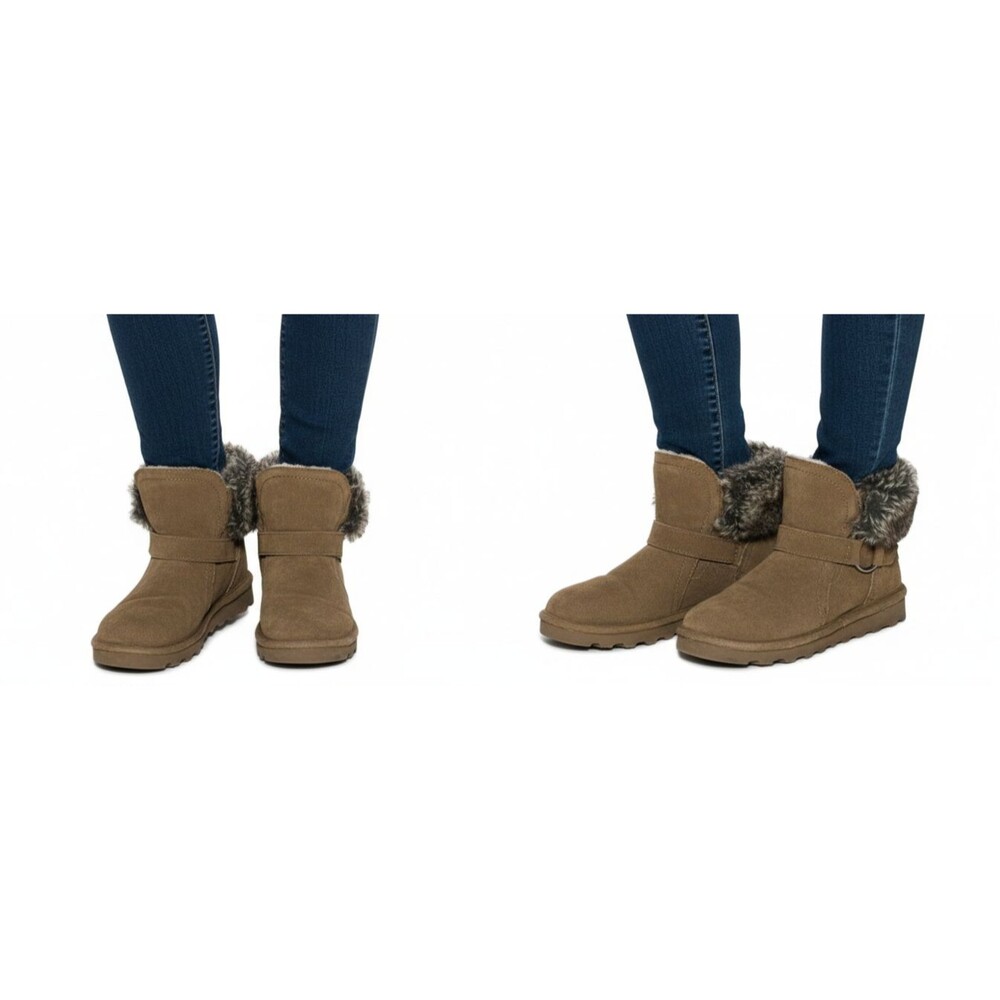 Bearpaw Konnie Suede Ankle Boots Women’s Size 9 Hickory Brown EUC Fur Buckle